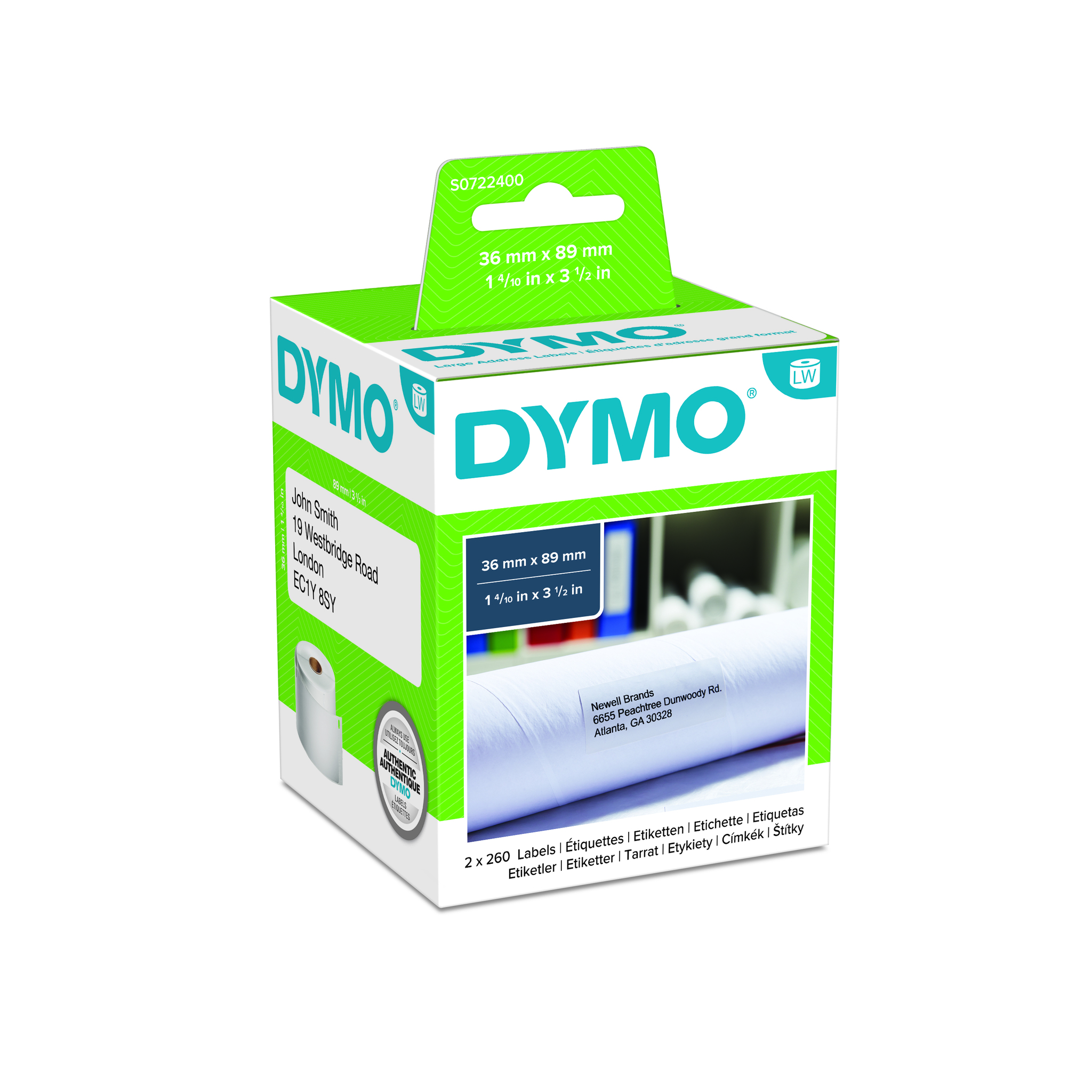 DYMO LabelWriter Adress-Etiketten gross, 2 Rollen à 260 Etiketten, weiss 36 x 89
